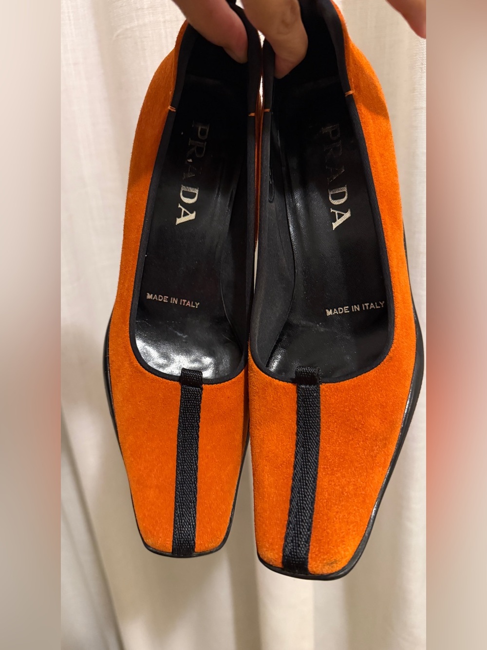 Prada FW 1999 Orange Suede Pumps with Black Center Strip